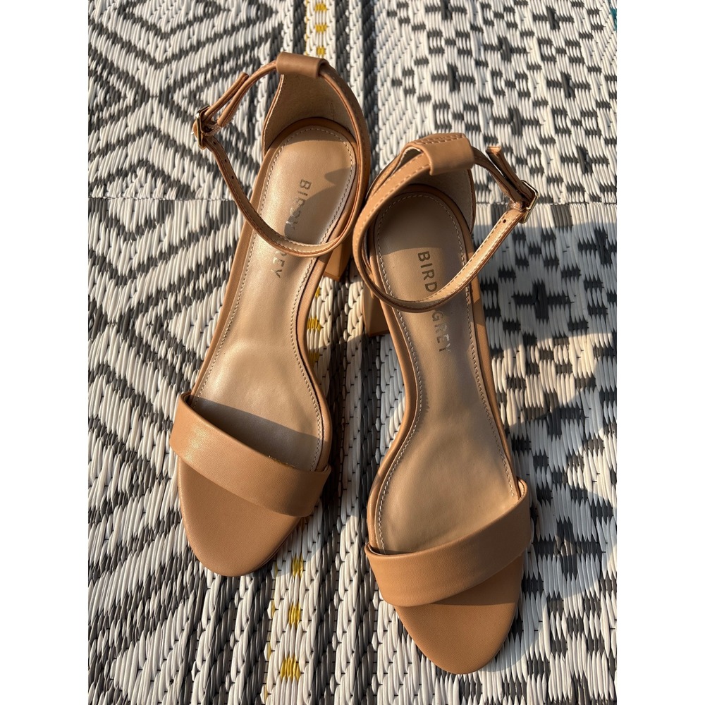 Birdy Grey Tan Ankle Strap Block Heel Sandals Womens 7.5 Neutral Wedding Guest